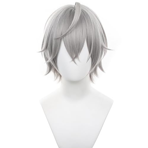 Perücke für Kurzhaarfrisuren, gerade graue natürliche synthetische Haare mit Pony und Perückenhaube für Männer Halloween Cosplay von maysuwell
