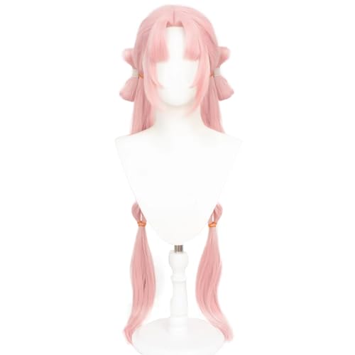 Cosplay-Perücke mit Schleifen Perücke Anime-Kostüm langes Haar rosa glattes Haar mit Pferdeschwanz und Pony für Frauen Halloween Familienparty (mit Schleifen) von maysuwell