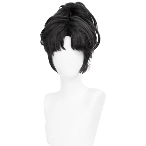 Cosplay-Perücke Anime-Kostüm Kurzes Haar Schwarzes Welliges Haar mit Pferdeschwanz und Pony für Frauen Halloween Familienparty von maysuwell