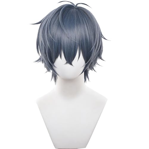 Blaue Perücke, kurzes, glattes Haar mit Pony für Männer, ideal für Anime-Cosplay und Halloween-Partys von maysuwell