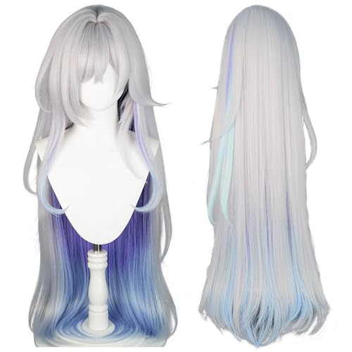 Cosplay Perücke Anime Kostüm Langes Silberweiß mit Blau und Lila gemischt Gerades Haar mit Pony für Frauen Halloween Familienparty von maysuwell