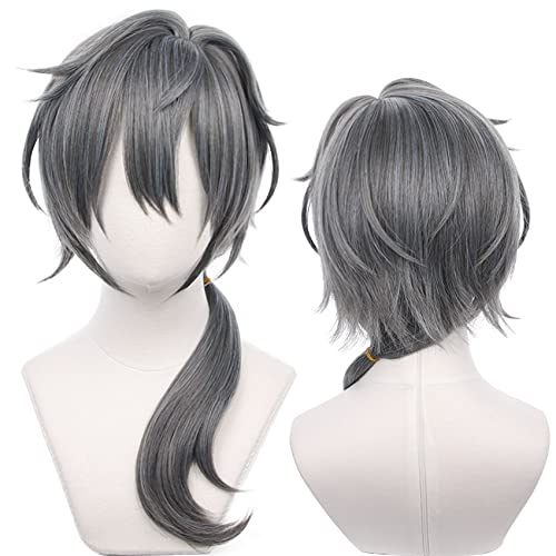 Graue Cosplay-Perücke für Anime mit langem lockigem Pferdeschwanz aus hitzebeständigem Synthetikfasermaterial für Halloween, Comic Con, Cosplay-Shows von maysuwell