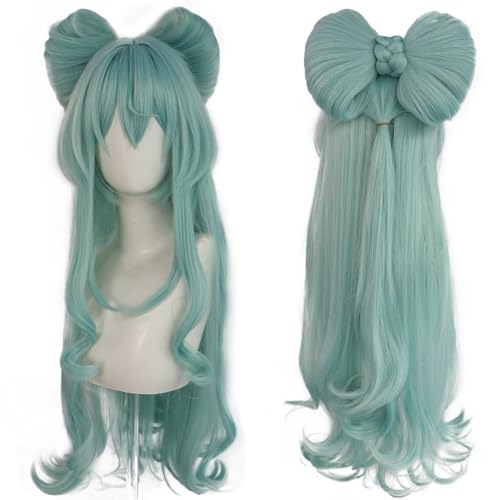 Grünes Cosplay-Perücke Lange Wellige Haare mit Pony Hochsteckfrisur für Frauen Anime Cos Perfekt für Halloween-Party von maysuwell