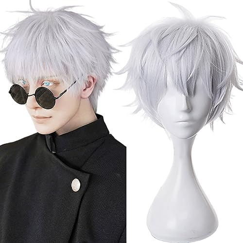 Jujutsu Kaisen Gojo Satoru Cosplay Perücke kurzes Haar für Halloween, Party, Karneval, Nachtleben, Konzerte, Hochzeiten mit kostenloser Perückenkappe von maysuwell