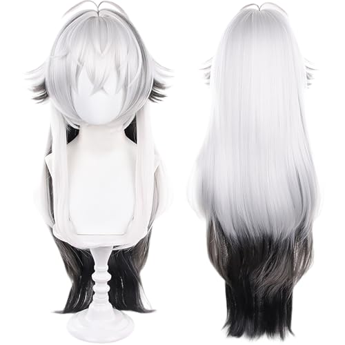 Weiße und schwarze gemischte Cosplay-Perücke, lange glatte Haare mit Pony, perfekt für Halloween-Partys und Anime-Cosplay für Frauen von maysuwell