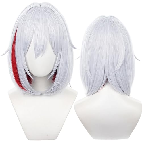 Perücke Amine Game Cosplay Perücke Grau mit Rot Kurzer Bob Glatte Perücke für Frauen Halloween, Comic Con von maysuwell