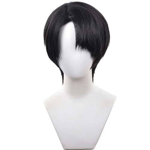 Perücke für Cosplay, kurzes schwarzes Haar, glattes Haar mit Pony, ideal für Männer, Anime-Cosplay, perfekt für Halloween-Partys von maysuwell