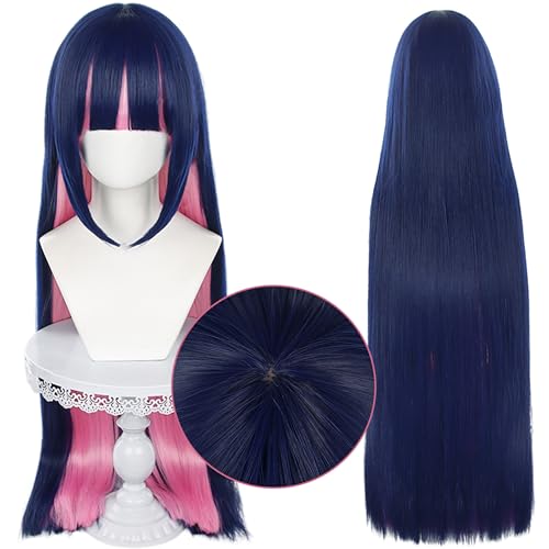 Cosplay-Perücke für Anime Panty & mit Garterbelt für Frauen, Blau gemischt mit Pink, langes glattes Haar mit Pony aus synthetischem Stoff für Comic Con, Anime Show, Halloween von maysuwell