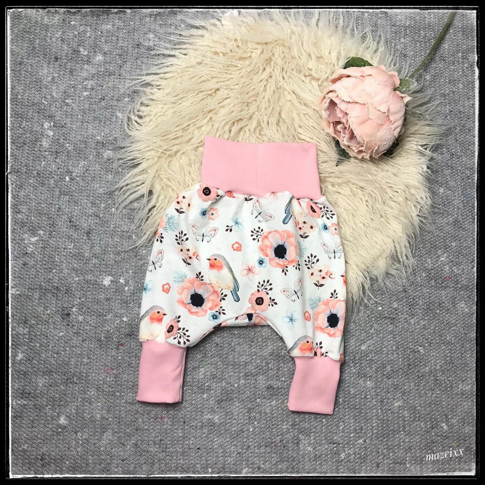 Pumphose Baby Mädchen Rotkehlchen Rosa Creme Blumen Baumwolljersey Gr 56 62 68 74 80 von mazeixx