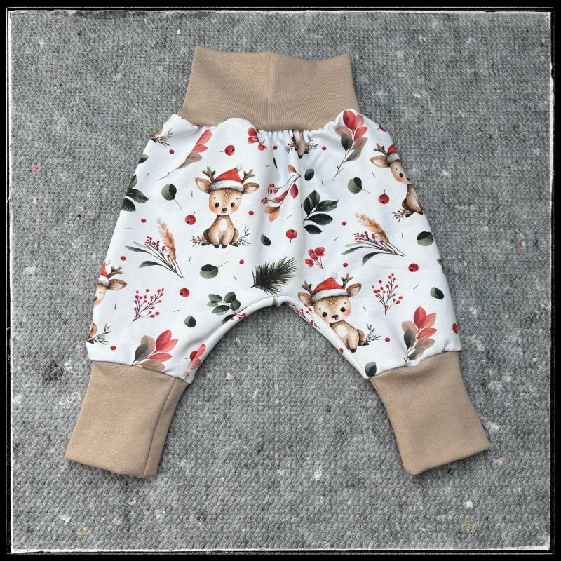 Pumphose Baby Weihnachten Rentier Tiere Wald Sweat Bequem Windelpopo Mitwachshose Bündchen Creme Winter Krabbelhose Baumwolle Advent Hose von mazeixx