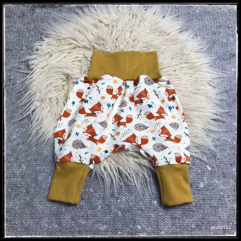 Pumphose Bio Sweat Fuchs Senfgelb Bequem Mitwachshose Windelpopo Herbst Kuschlig Herbsthose Waldtiere Igel Babyhose Krabbelhose Bund von mazeixx