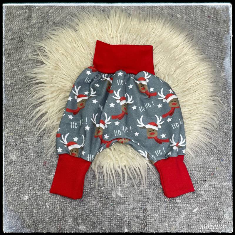 Pumphose Weihnachten Baby Rentier Rot Weihnachtshose Grau Advent Unisex Mitwachshose Bequem Rudolf Rote Nase Mütze Hoho French Terry Sweat von mazeixx