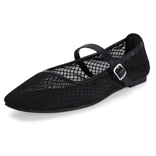 mazeskin Damen-Ballerinas aus Mesh-Memory-Schaum, quadratische Zehenpartie, bequeme Schnallenriemen, Ballerina-Schuhe mit Strasssteinen, Schwarz, 37.5 EU von mazeskin