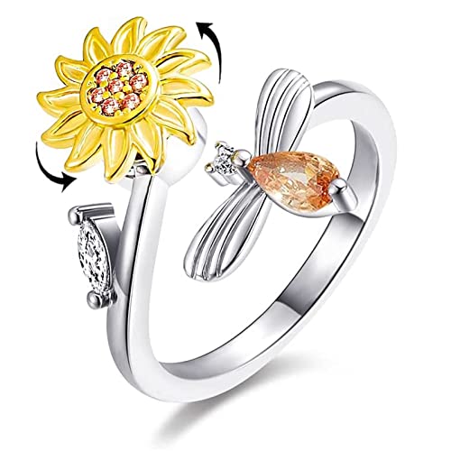 mciskin Flowers Fidgets Spinner-Ringe für Frauen, drehbarer Zirkonia, verstellbare offene Ringe, lindert Angst, Stress, Langeweile, beruhigende Sorgen, Meditationsringe, Spinner-Fidget-Ring von mciskin