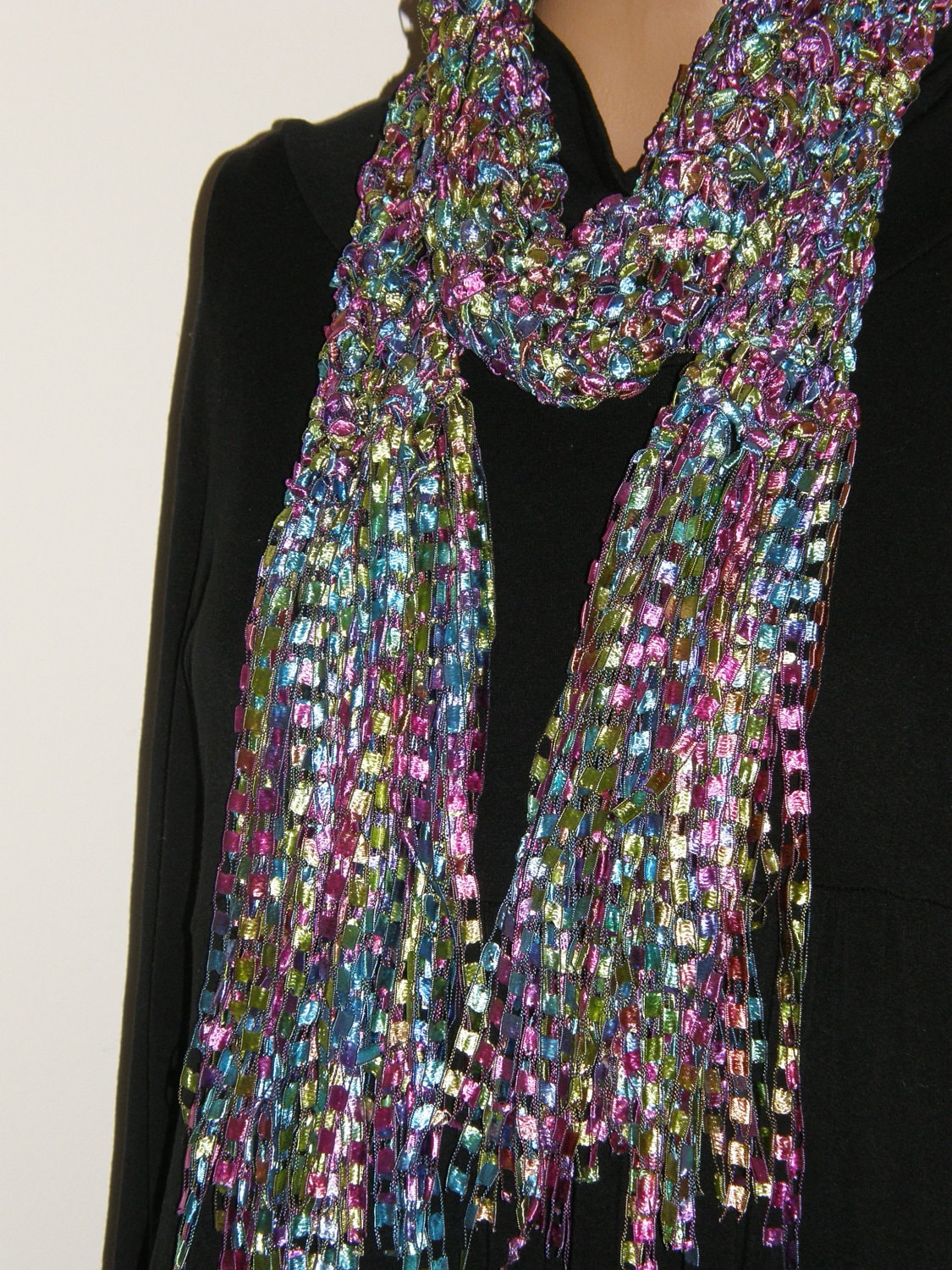 Fancy Ribbon Schal Juwel Ton Fuchsia Türkis Grün Hand Gehäkelte Mcleodhandcraftgifts von mcleodhandcraftgifts