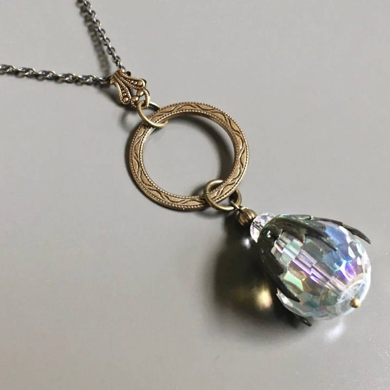 Kristallkugel Halskette - Lange Halskette, Patina Grünspan Kristallschmuck, Klare Kristallhalskette, Geschenk Für Frau von mcstoneworks