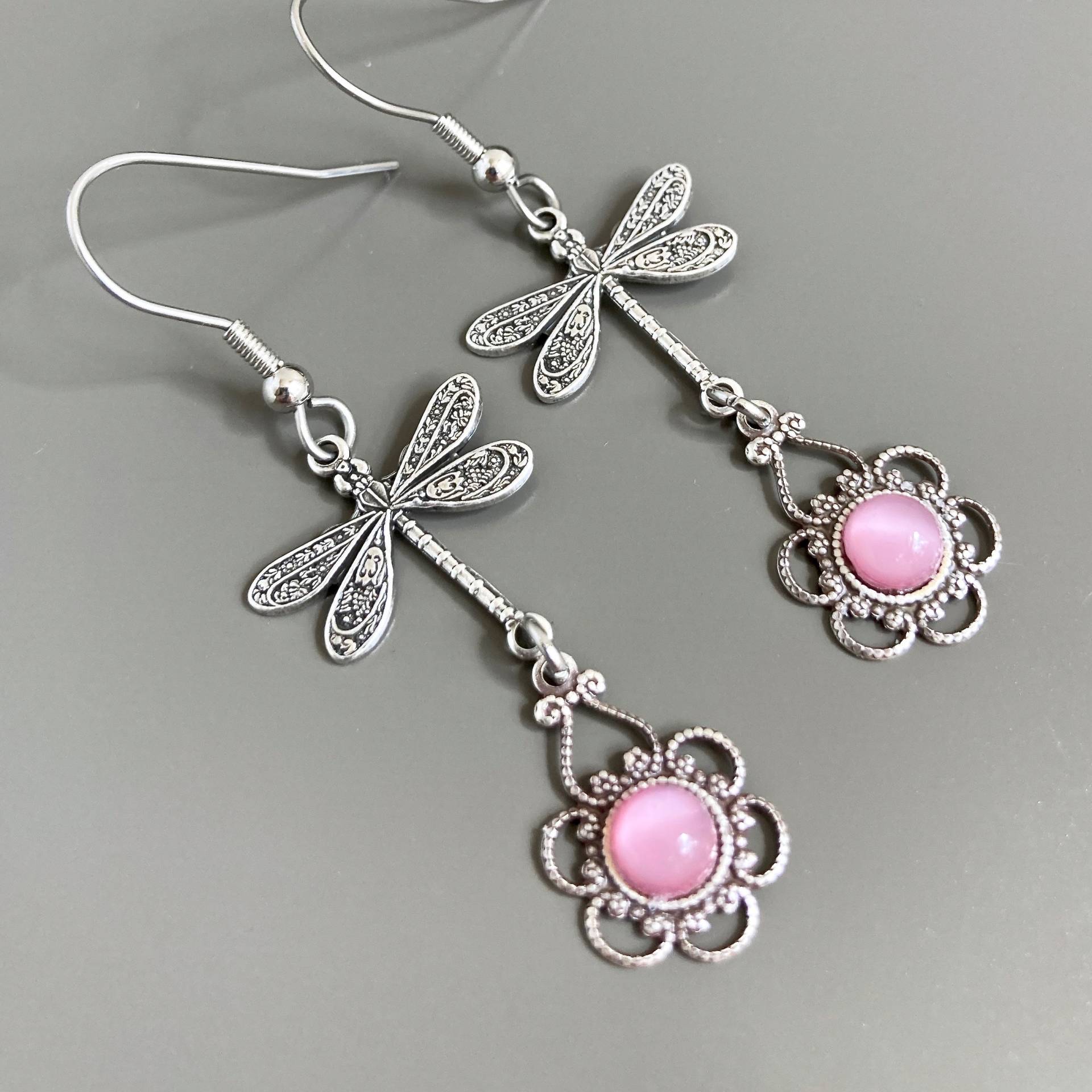 Silber Libelle Ohrringe - Rosa Ohrringe, Filigrane Schmuck, Geschenk, Natur Geschenk Für Frau von mcstoneworks