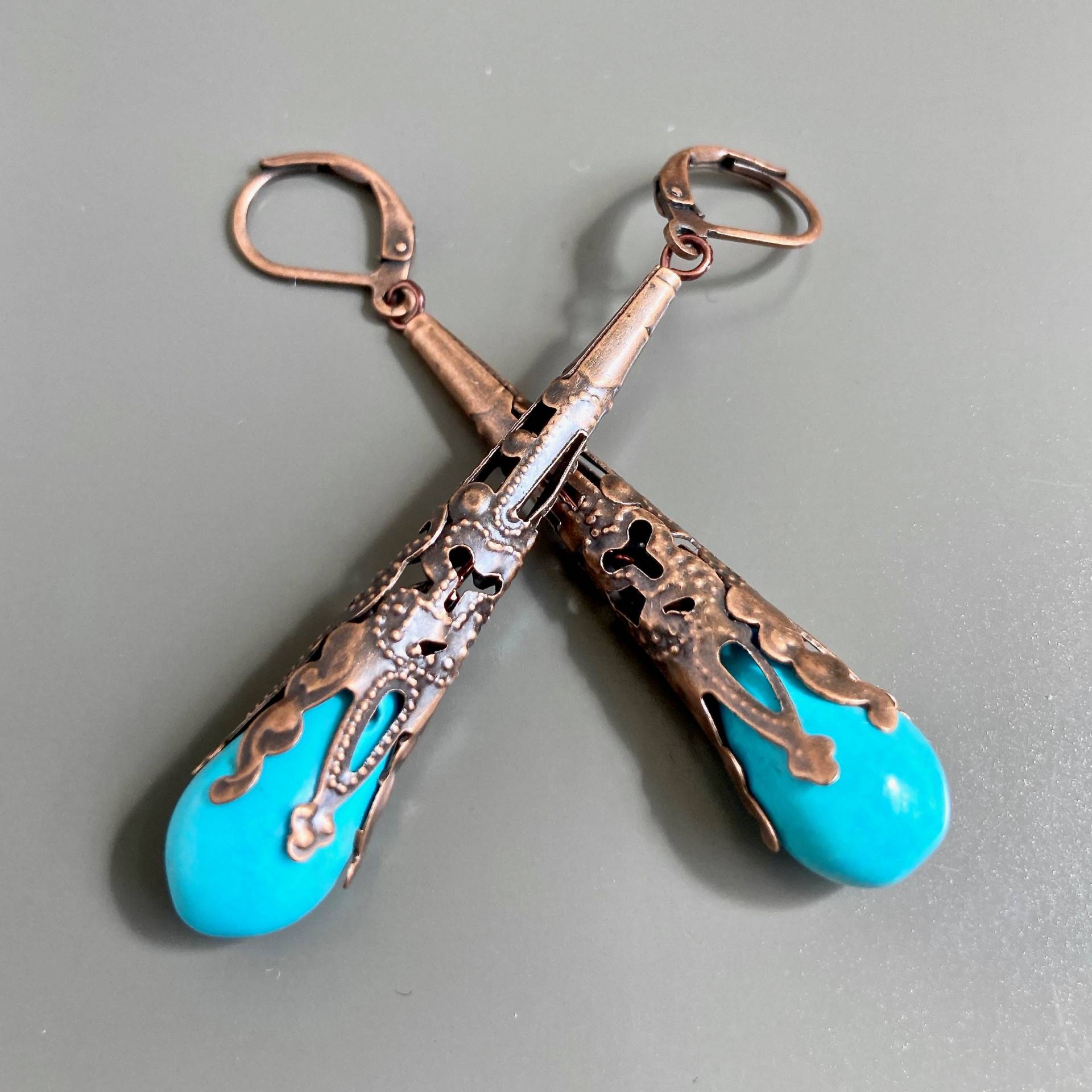 Türkis Trompeten Ohrringe - Kupfer Filigrane Ohrringe, Lange Boho Leichte Geschenk Für Frau, Geburtstagsgeschenk von mcstoneworks
