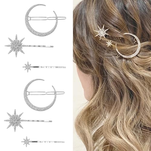 6 Stück Strass Sterne Mond Haarspangen Vintage Stern Haarnadeln Kristall Dekorative Bobby Pins Metalllegierung Haarnadeln Schneeflocke Seitenclip Haarschmuck für Frauen Mädchen (Silber) von mdgfge