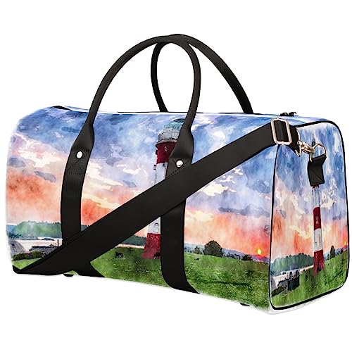 Aquarell-Leuchtturm-Reisetasche, faltbar, Sporttasche, Turnbeutel, Wochenendtasche, Workout-Tasche, Übernachtung, Schultertasche, Handgepäck, Grifftasche für Damen und Herren, metallisch von meathur