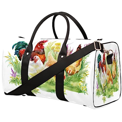 Chicken And Rooster In The Grass- Reisetasche Faltbare Sporttasche Turnbeutel Weekender Tasche Workout Tasche Übernachtung Schultertasche Handgepäck Tasche für Damen Herren, metallisch von meathur