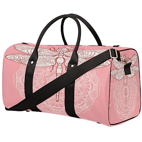 Ethnische Libelle Mandala Rosa Reisetasche Faltbare Sporttasche Turnbeutel Wochenendtasche Workout Tasche Übernachtung Schultertasche Handgepäck Griff Tasche für Frauen Herren, metallisch von meathur