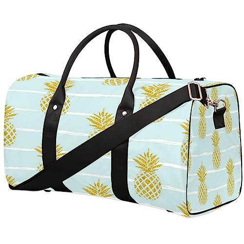 Goldfarbene Ananas auf gestreifter Reisetasche Faltbare Sporttasche Turnbeutel Weekender Tasche Workout Tasche Übernachtung Schultertasche Handgepäck Griff Tasche für Damen Herren, metallisch von meathur