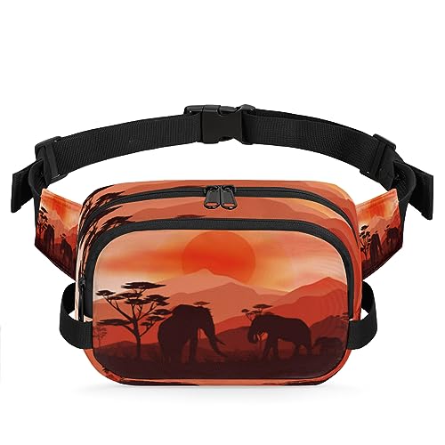 Gürteltasche mit Elefantenfamilie in einer wilden Natur, für Damen und Herren, modische Crossbody-Bauchtaschen mit verstellbarem Riemen, Hüfttasche, für Reisen, Wandern, Radfahren, Laufen, metallisch von meathur