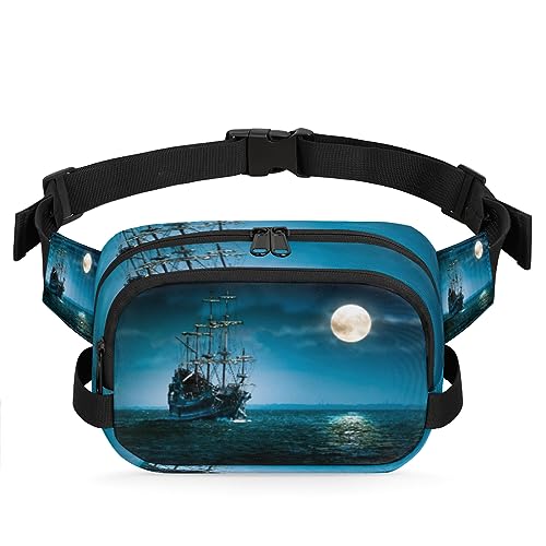 Gürteltasche mit Piraten-Motiv "Sailing To The Moon" für Damen und Herren, modische Crossbody-Fanny-Packs mit verstellbarem Riemen, Hüfttasche, für Reisen, Wandern, Radfahren, Laufen, metallisch von meathur