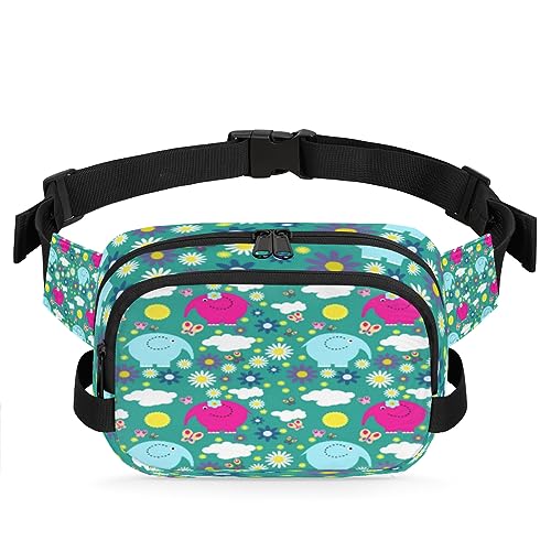 Gürteltasche mit niedlichem Elefant, Gänseblümchen, Blumen und Schmetterling, für Damen und Herren, modische Crossbody-Bauchtaschen mit verstellbarem Riemen, Hüfttasche für Reisen, Wandern, Radfahren, von meathur