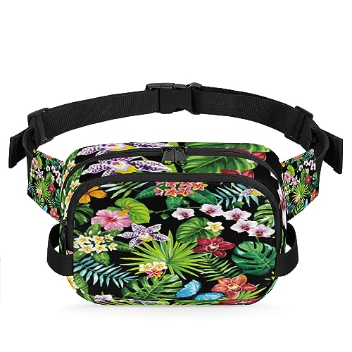 Gürteltasche mit tropischen Blumen, Palmenblättern, Vogel, Schmetterling, Gürteltasche für Damen und Herren, modische Crossbody-Fanny-Packs mit verstellbarem Riemen, Hüfttasche, für Reisen, Wandern, von meathur