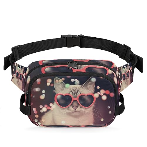 Gürteltasche mit weißer Katze und roter Sonnenbrille, für Damen und Herren, modische Crossbody-Fanny-Packs mit verstellbarem Riemen, Hüfttasche, für Reisen, Wandern, Radfahren, Laufen, metallisch von meathur