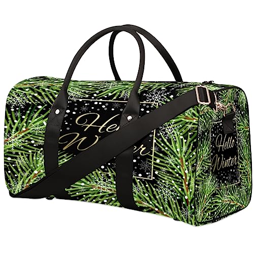 Hello Winter Schriftzug Thema Weihnachten Schneeflockenblätter Reise Seesack Faltbare Sport Tote Gym Bag Weekender Bag Workout Tasche Übernachtung Schultertasche Handgepäck Griff Tasche für Frauen Männer, metallisch von meathur