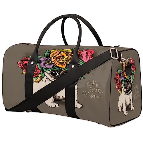 Hippie Mops Hund Blumen Blumen Reise Seesack Faltbare Sport Tote Gym Bag Weekender Bag Workout Tasche Übernachtung Schultertasche Handgepäck Griff Tasche für Frauen Männer, metallisch von meathur