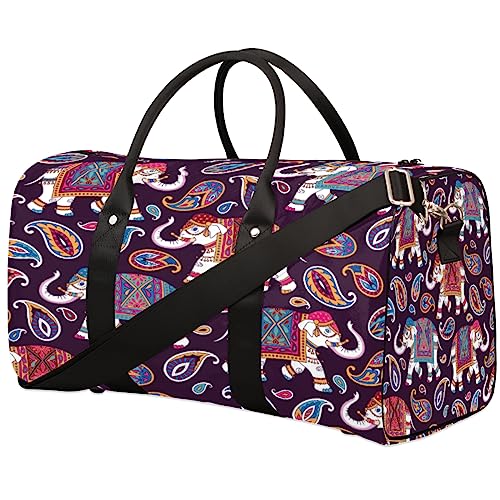 Indischer ethnischer Tribal-Elefant-Paisley-Reisetasche, faltbar, Sporttasche, Turnbeutel, Wochenendtasche, Workout-Tasche, Übernachtung, Schultertasche, Handgepäck, Grifftasche für Damen und Herren, metallisch von meathur