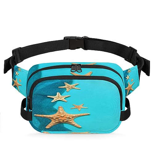 Marineblauer Hintergrund mit Seestern-Gürteltasche für Damen und Herren, modische Crossbody-Fanny-Packs mit verstellbarem Riemen, Hüfttasche, Hüfttasche für Reisen, Wandern, Radfahren, Laufen, von meathur