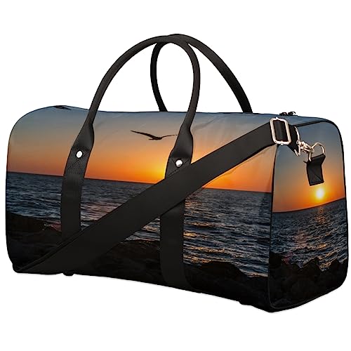 Ocean Sea Beach Sunset Seagull Bird Travel Duffel Bag Faltbare Sport Tote Gym Bag Weekender Bag Workout Tasche Übernachtung Schultertasche Handgepäck Griff Tasche für Frauen Männer, metallisch von meathur