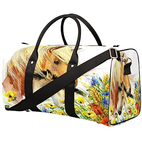 Pferd und Pony Grasland Blumen Reise Duffel Tasche Faltbare Sport Tote Gym Bag Weekender Bag Workout Tasche Über Nacht Schultertasche Handgepäck Griff Tasche für Frauen Herren, metallisch von meathur