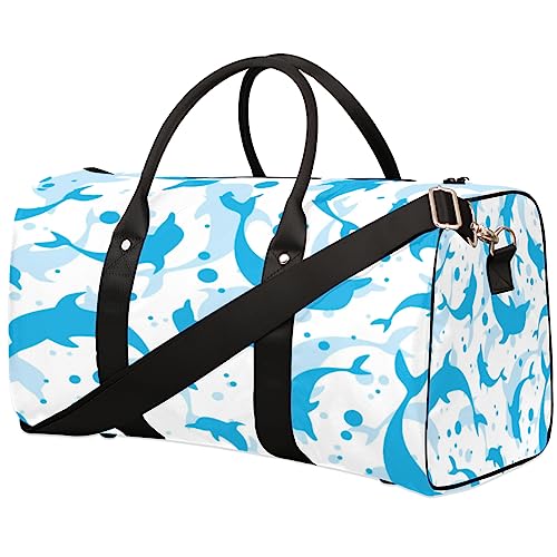 Reisetasche mit blauem Delfin, faltbar, Sporttasche, Turnbeutel, Wochenendtasche, Workout-Tasche, Übernachtung, Schultertasche, Handgepäck, Grifftasche für Damen und Herren, metallisch von meathur