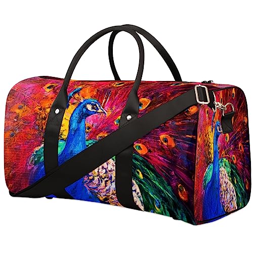 Schöne bunte Reisetasche mit Pfauenmotiv, faltbar, Sporttasche, Turnbeutel, Wochenendtasche, Workout-Tasche, Übernachtung, Schultertasche, Handgepäck, Grifftasche für Damen und Herren, metallisch von meathur