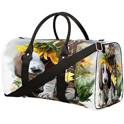 Tier Hund Blume Sonnenblume Willkommen Reise Duffel Bag Faltbare Sport Tote Gym Bag Weekender Bag Workout Tasche Übernachtung Umhängetasche Handgepäck Griff Tasche für Frauen Männer, metallisch von meathur