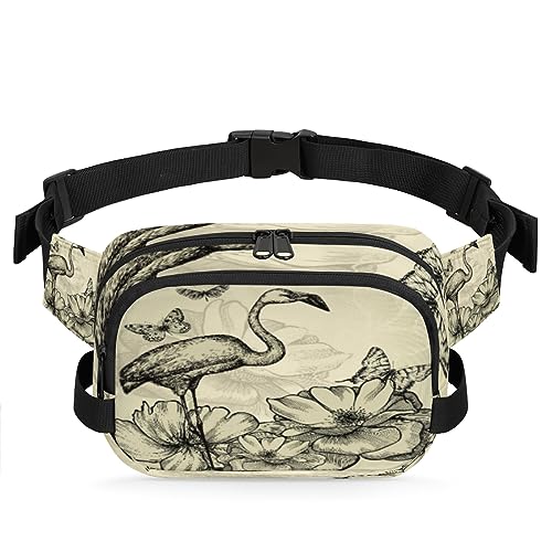 Vintage Flamingo Schmetterling Blumen Rose Gürteltasche Bauchtasche für Damen Mann, Mode Crossbody Fanny Packs mit verstellbarem Riemen Hüfttasche Pack Bauchtasche für Reisen Wandern Radfahren Laufen, von meathur