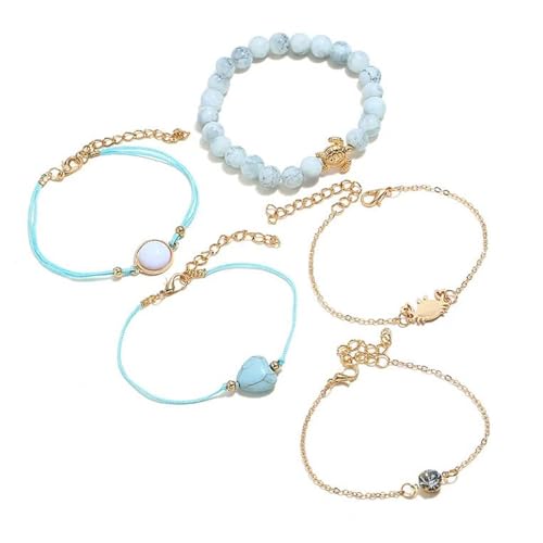 Karma AB1022 Damen Armband-Set Blau Gold modern 5tlg. Sommerschmuck Strandschmuck Boho verstellbar modern Geschenkidee Frauen Accessoire von meberg