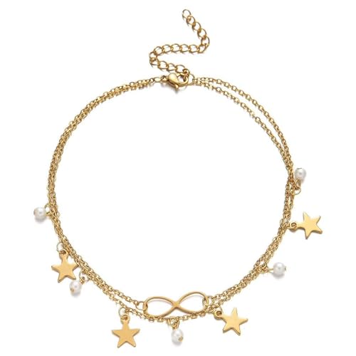 Karma AN1009 Fußkettchen Sterne Gold 21 cm modern filigrane Fusskette Edelstahl vergoldet Fußschmuck Urlaub Strand Abendmode Accessoires Karabinerverschluss von meberg