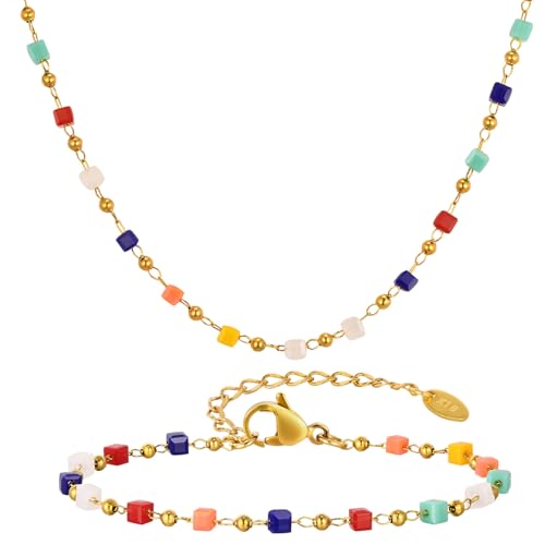 Karma NH10869763 Schmuckset Bunt Gold Damen Halskette 40 cm Armband Karabinerverschluss Edelstahl moderner Schmuck Bohoschmuck von meberg