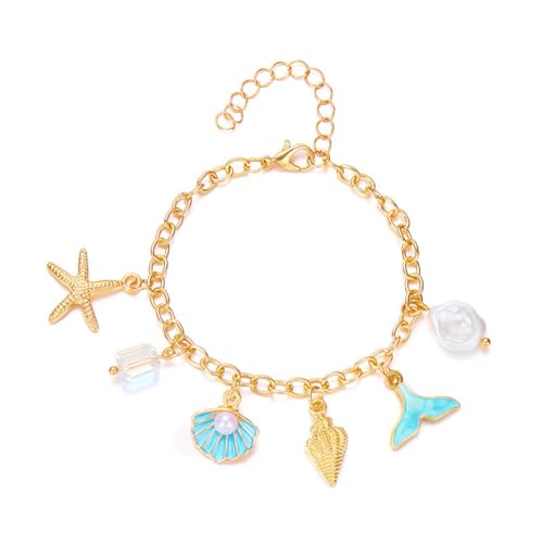 Karma NH11167574 Damen-Armband Gold maritime Anhängern Charms Bettelarmband verstellbar mit Seestern, Fischflosse, Muschel, Perle & Kristall Sommerliches Schmuckstück von meberg
