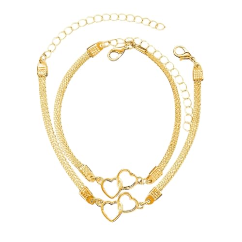 meberg Fußkettchen und Armband Schmuckset mit Herz-Anhänger Gold Silber 2er Set Damenarmband und Fusskette Armschmuck Fußschmuck Urlaub Strand Abendmode Accessoires (Gold) von meberg