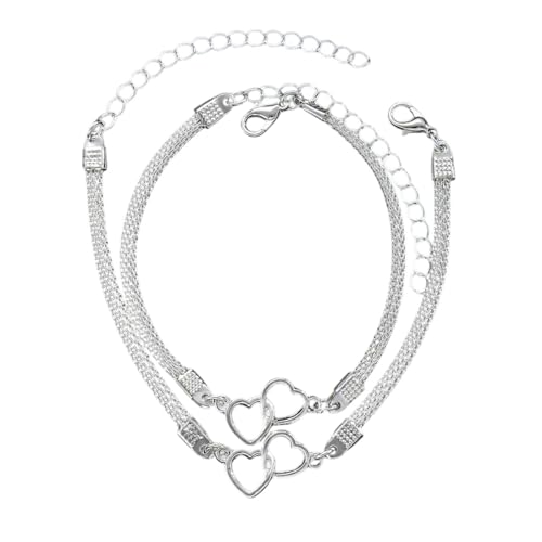 meberg Fußkettchen und Armband Schmuckset mit Herz-Anhänger Gold Silber 2er Set Damenarmband und Fusskette Armschmuck Fußschmuck Urlaub Strand Abendmode Accessoires (Silber) von meberg