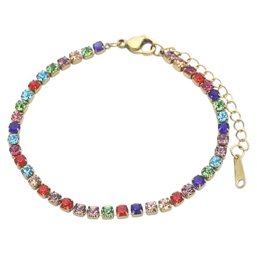 Karma MTB091-042 Tennisarmband Damen Kristall Armband verstellbar Gold mit bunten Steinen Glitzer Armkettchen mit Karabinerverschluss zierlich, filigran & elegant (Gold bunt) von meberg