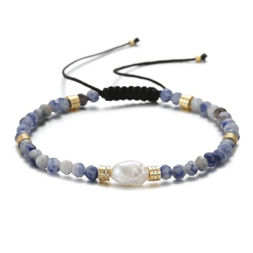 meberg Karma NH10309409 Damen Armband Süßwasserperlen Blau Edelstahl Perlen elegantes Schmuckstück Perlenarmband zeitloses Design Damenarmband verstellbar (Blau) von meberg